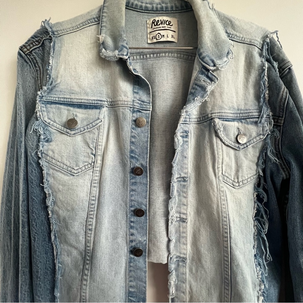 REVICE Two-Tone Distressed Jean Ziggy Jacket in Light and Dark Blue - Picture 3 of 5